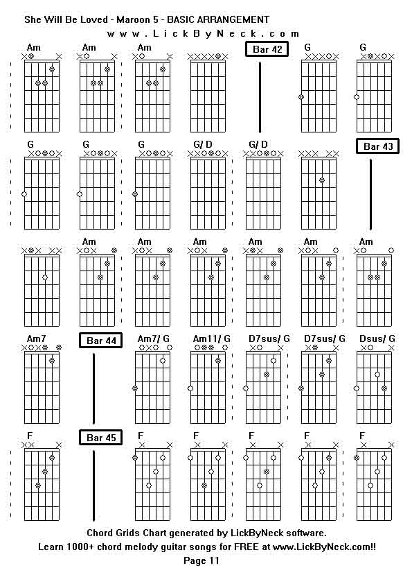 Chord Grids Chart of chord melody fingerstyle guitar song-She Will Be Loved - Maroon 5 - BASIC ARRANGEMENT,generated by LickByNeck software.